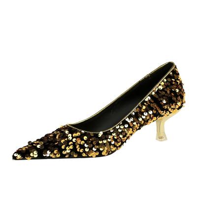 China 237-21 Korean New Style Fashion Temperament Banquet Shining Sequins Women'S Mid-Heel Shallow Mouth Pointed Toe Sparkling Single Shoes for sale