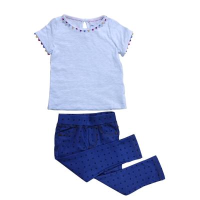 China Breathable Short Sleeve Polka Dot Girls Tee and Jeans Pants Summer Blue Babies Sets for sale