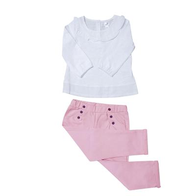 China Breathable Soft Shell Baby Spring Kids Girls Clothes Set 100%cotton Pink Natural Long Sleeve Tee With Ruffle Neck Fashion Pants&trousers for sale