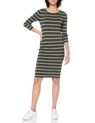 China Anti-wrinkle ladies fall casual pure cotton stripe round collar three quarter sleeve dress for sale