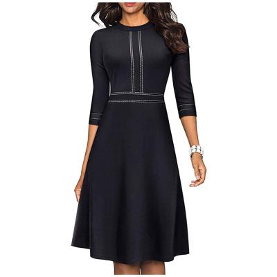 China Drop Neck 3/4 Ladies Anti-Wrinkle Sleeve Chubby Dress Women's Chic Women Casual Dress Black Dress for sale