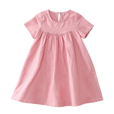 China Anti-static round neck girls solid color pleated cotton and linen dress loose short-sleeve children's dress for sale