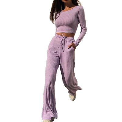 China Two Piece Set Casual Breathable Autumn Women Knitted Tracksuit Long Sleeve Sweater Top And Wide Leg Pants for sale