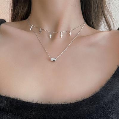 China 2023 New Trendy Women's 925 Sterling Silver Double Layer Cross Pendant Chain Necklace for sale