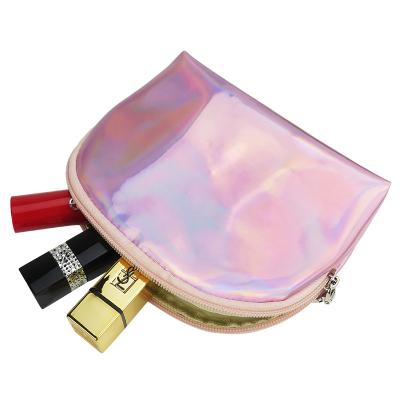 China Custom PU Pink High Quality Half Moon Logo Organizer Pouch Girl Travel Cosmetic Makeup Bag for sale