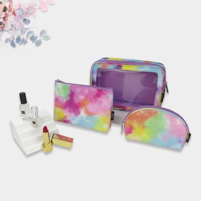 China Large Capacity Custom 3 In 1 Makeup Bags Set Tie Dye Color Cloud Convenient Large Waterproof Cosmetics Bag Women Makeup for sale