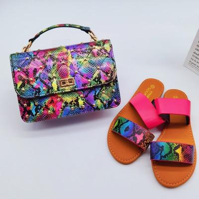 China Wholesale fashion matching lady's slippers and bag purse set fashionables snake print handbag and shoes for sale