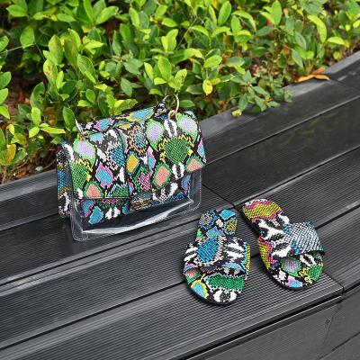 China Fashion Women Fur Slides And Purse Set Girl Snake Print Handbag And Slippers Set On Sale for sale