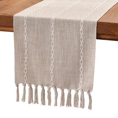 China Rustic Farmhouse Style Table Runner Embroidered Canvas Table Runners Embroidered Runner With Hand-Tassels For Party Home Decor for sale