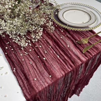 China Bridal Gauze Table Runner Boho Rustic Wedding Shower Party Decoration Gauze Table Runner with Hand-Tassels for Dining Room for sale