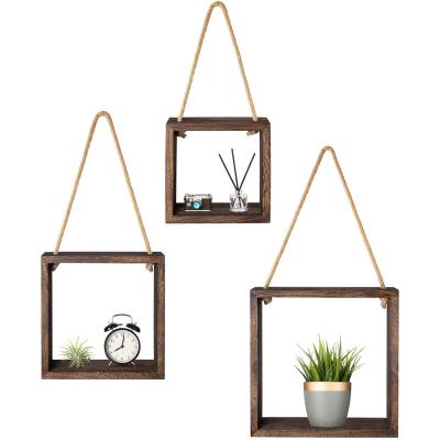 China Minimalist Rustic Style Square Hanging Floating Shelves Sets 3 Boho Wall Decor Wood Cube Photo Plant Display Shade Boxes Decor Shelf for sale