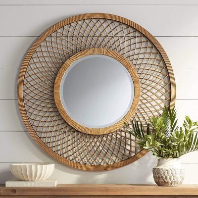 China Amazon Hot Sale Rattan Mirror View Of Minimalist 36 Inch Natural Brown Round Wall Mirror for sale