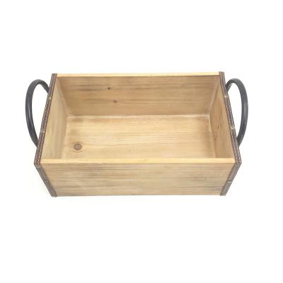 China Sustainable wooden storage basket with black handles for sale