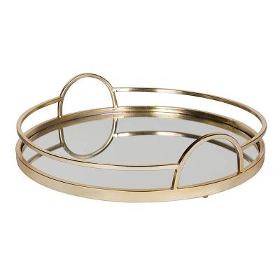 China Viable Luxury Service Tray Mirrored Round Decorative Gold Metal Tray for sale