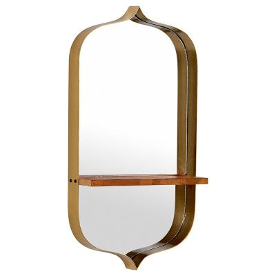 China Art Deco Curved Iron Mirror with Wooden Shelf Decorative Metal Wall Mirror for sale