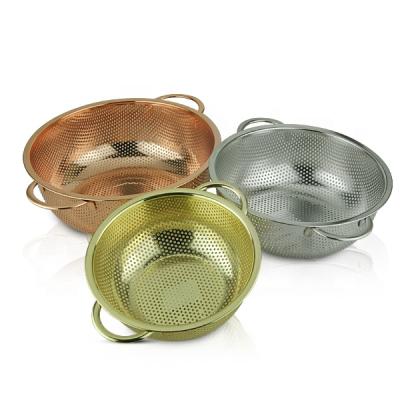 China Factory Bulk Sale Gold Drain Basket Stainless Steel Kitchen Sieve Viable Colander Set With Double Ear for sale