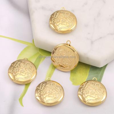 China Fashionable Shiny 18K Gold Round Small Box Pendant Jewelry Making, Flower Pattern, Inside Can Put Photos, DIY Material.EST-K616 for sale