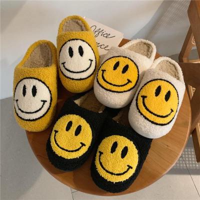 China Dropshipping 2021 Women Slippers Fashion Trend Big Smile Fluffy Fur Plush Fleece Flat Short Floor Flat For Couples Shoes Lady Black Indoor for sale