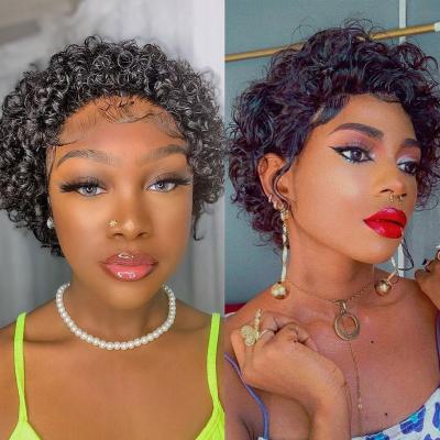 China Orange Transparent Lace Wigs Ombre 99J 13x1 Curl Pixie Cut Wig Short Cheap Kinky Curly Hair Wig For Women Hair Pre Plucked for sale