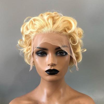 China Glueless French Curl 613 Blonde Short Pixie Cut Wigs Human Hair Lace Front Wigs Pre Plucked Curly With Baby Hair Brazilian For Women for sale