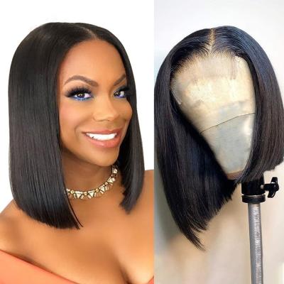 China Cheap Short Silky Straight Bob Transparent Hd Lace Human Hair Wig, 8-14inch Mink Brazilian Hair Wig, 4x4 Closure Short Bob Wigs For Black Women for sale