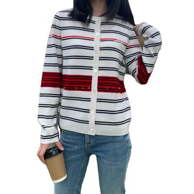 China wholesale custom made parride 100% round neck wool button cardigan colorful striped sweater for ladies for sale