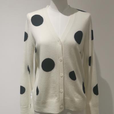 China Custom 100% OEM Anti-wrinkle V-neck Beautiful Dot Woolen Casual Cardigan Women's Sweater for sale