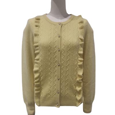 China Anti-wrinkle fashion solid color ruffled crew neck cashmere cardigan women's sweater for sale