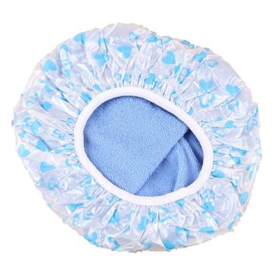 China Child Viable Custom Shower Cap Peva Striped Fabric Double Layer Shower Cap Hair Cute Waterproof Large Shower Cap for sale