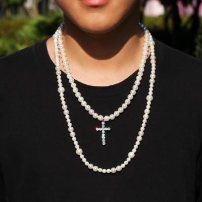 China 2021 Fashion Charming Silver Double Cross Necklace Men's Double Layer Beaded Mens Pearl Chain Necklace Sets Jewelry for sale