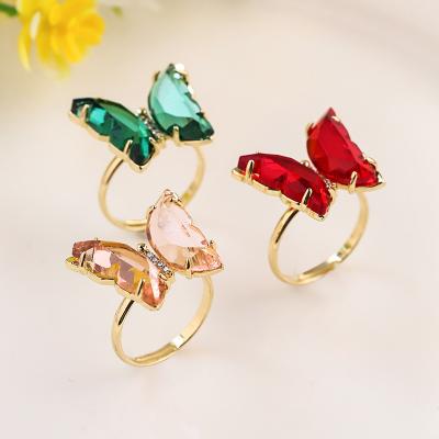 China Comfort Fit Crystal Glass Butterfly Ring Ins Shape Fashionable Simple Adjustable Ring for sale