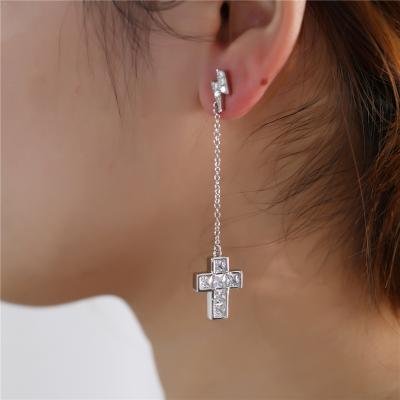 China Hiphop Fashion Jewelry 2021 Trend CZ Iced Out 18K Gold Silver Snap Stud Hang Cross Drop Dangle Huggie Stud Earrings For Women Men for sale