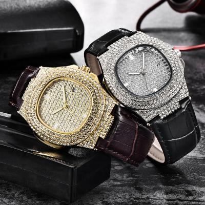 China Comfort Fit Hip Hop Diamond Men Watch Fashion Leather Quartz Watch Daytime Watch for sale