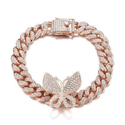 China Hip Hop Hip Hop Anklets Ice Out Cuban Link Anklet Bracelet Rose Gold Plated Bling Butterfly Women's Foot Chain for sale