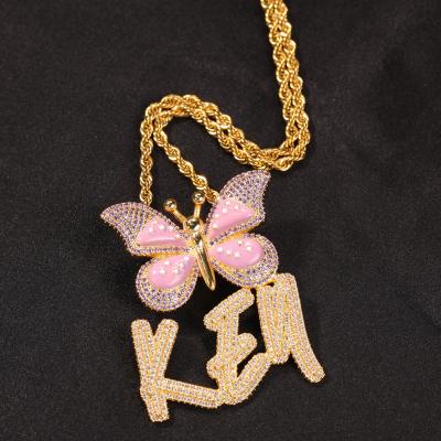 China Hip Hop Personalized Custom Name Iced Out Butterfly Buckle Cursive Letter Women Necklace Jewelry for sale