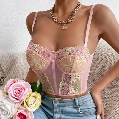 China New Love Spring Contrast Embroidery Summer Color Women's Lace Tank Top Camisole QUICK DRY Deep Body Sculpting Shape Wear for sale