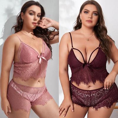 China Two-piece love eyelash breathable deep edge plus size women's underwear sexy temptation lace up Mesh Hollow bra and panties lingerie set for sale