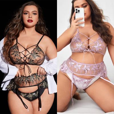 China Breathable Deep Love Big Mesh Underwear Sexy Lingerie Plus Size Lace 3 Pieces Plus Size Women for sale