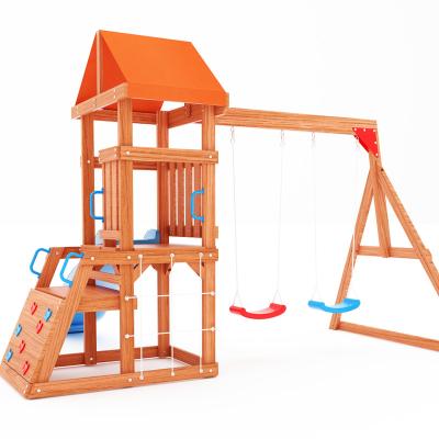 China Study Outdoor Backyard Wooden Playset Swing Set With Slide Play Kids House for sale