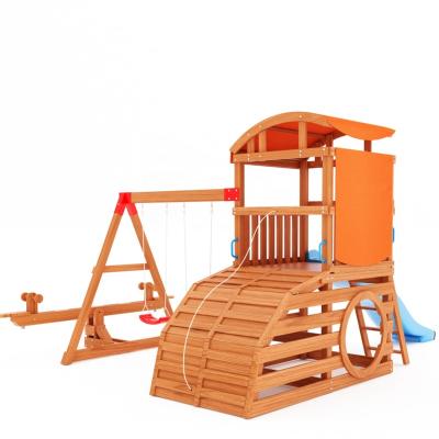 China Attractive 3-12years Wooden Backyard Playset Swing Set With Slide Climb Frame Playground Equipment Outdoor Playhouse for sale