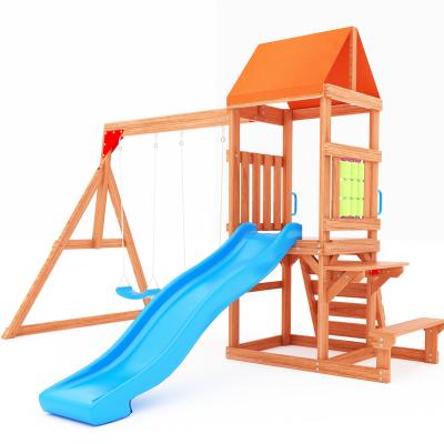 China Real Attractive Wooden Cubby Outdoor Playground Activity Climb Frame Playhouse with Slide Swing Set and Play Set for sale