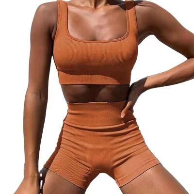 China Fashion Women Workout Suit Breathable Seamless Gym Fitness Wear High Waist Leggings Ribbed Yoga Sets for sale