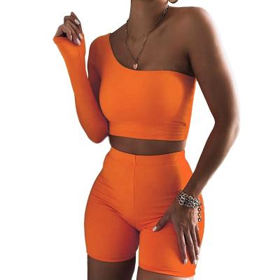 China Wholesale Breathable 2 Piece Shorts Set One Shoulder Sexy Sports Biker Rompers Fitness Wear Yoga Set Top Manufacturer for sale