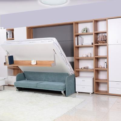 China Murphy Bed Queen Size Wall Foldable Free Fall Proof Bed With Shelf And Foldable Sofa for sale