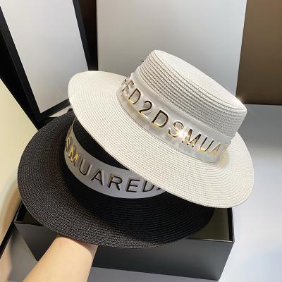 China Wholesale Striped Straw Hat Summer Natural Wheat Straw Flat Surface Skimmer Straw Hat Fedora Hats for sale