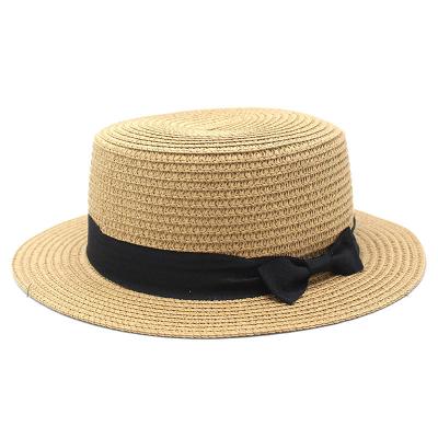 China 100% Natural Unisex Beach Wheat Flat Brim Striped Straw Boater Fedora Hat Summer Straw Hat High Quality for sale