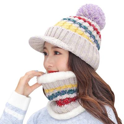 China breathable & Korean Knitted Cute Winter Hats Hair Ball Wool Hats Manufacturer Women Autumn Winter Hat Waterproof Thick Warm Two Piece Set Hat for sale