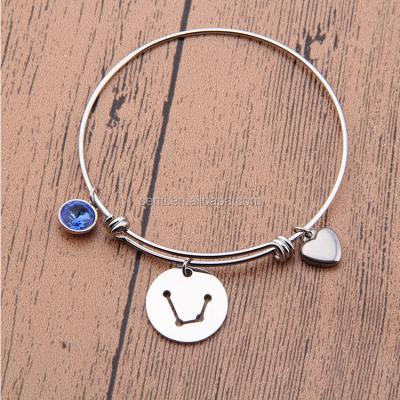 China Stainless Steel 12 Zodiac Sign Charms Wire Bracelet Heart and Birthstone Charms Wire Bracelet for sale