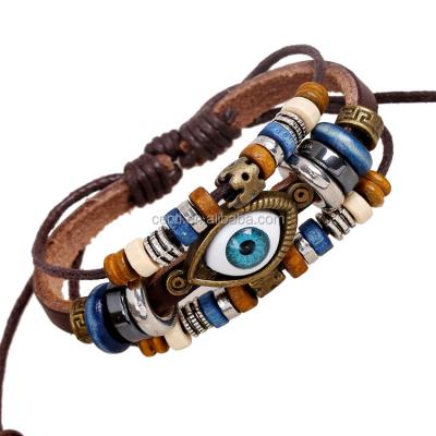 China Leather Evil Eye And Colorful Flat Round Beads Leather Bracelet Vintage Evil Eye Bracelet Friendship Bracelet for sale