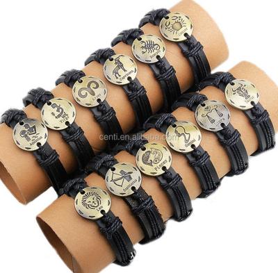 China Antique Leather+cord+alloy gold plated braided leather 12 zodiac charm bracelet wholesale for sale